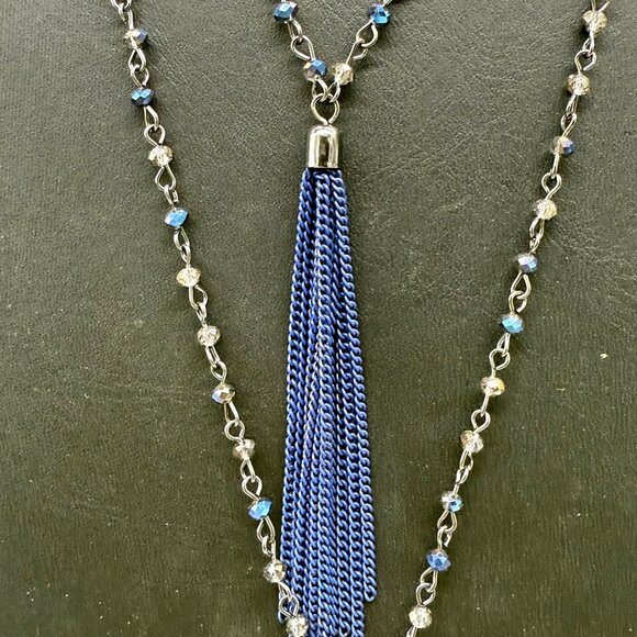 Steve Madden Gray Blue Beaded Tassels Chain Y Drop Long Layered Neckline - Picture 2 of 4
